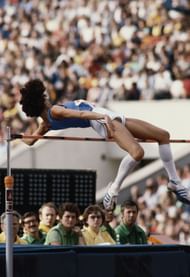 Sara Simeoni at the Women's High Jump event at the XXIII Summer Olympics in Los Angeles, California, United States